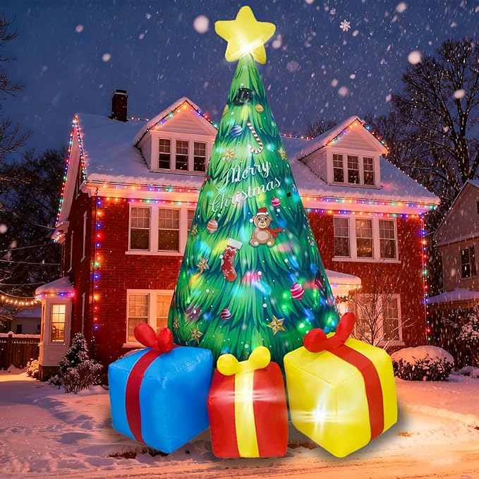 Dearsun 8ft Tall Inflatable Christmas Tree with Rotating LED Lights, Outdoor/Indoor Blow Up Xmas Tree with 3 Gift Boxes, Waterproof Holiday Decor for Yard, Lawn, Party