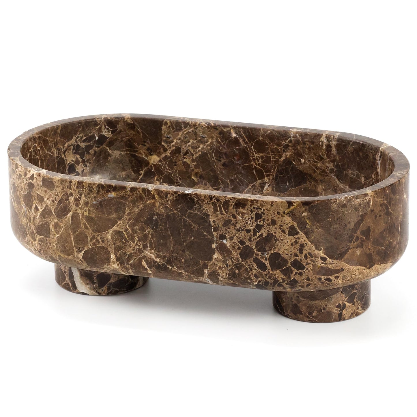 LIN CHUAN Natural Oval Marble Fruit Bowl for Kitchen Counter | Two-Legged Decorative Pedestal Bowl for Dining Table Decor, 10" Luxury Entryway Catchall Purse Bowl - Dark Brown