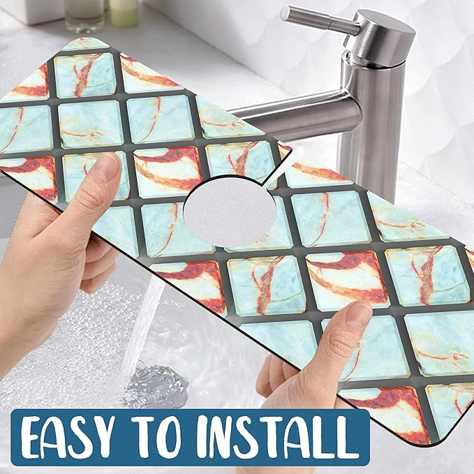 Rendering Marble Sink Splash Guard Faucet Mat Blue Wall Tiles Super Absorbent