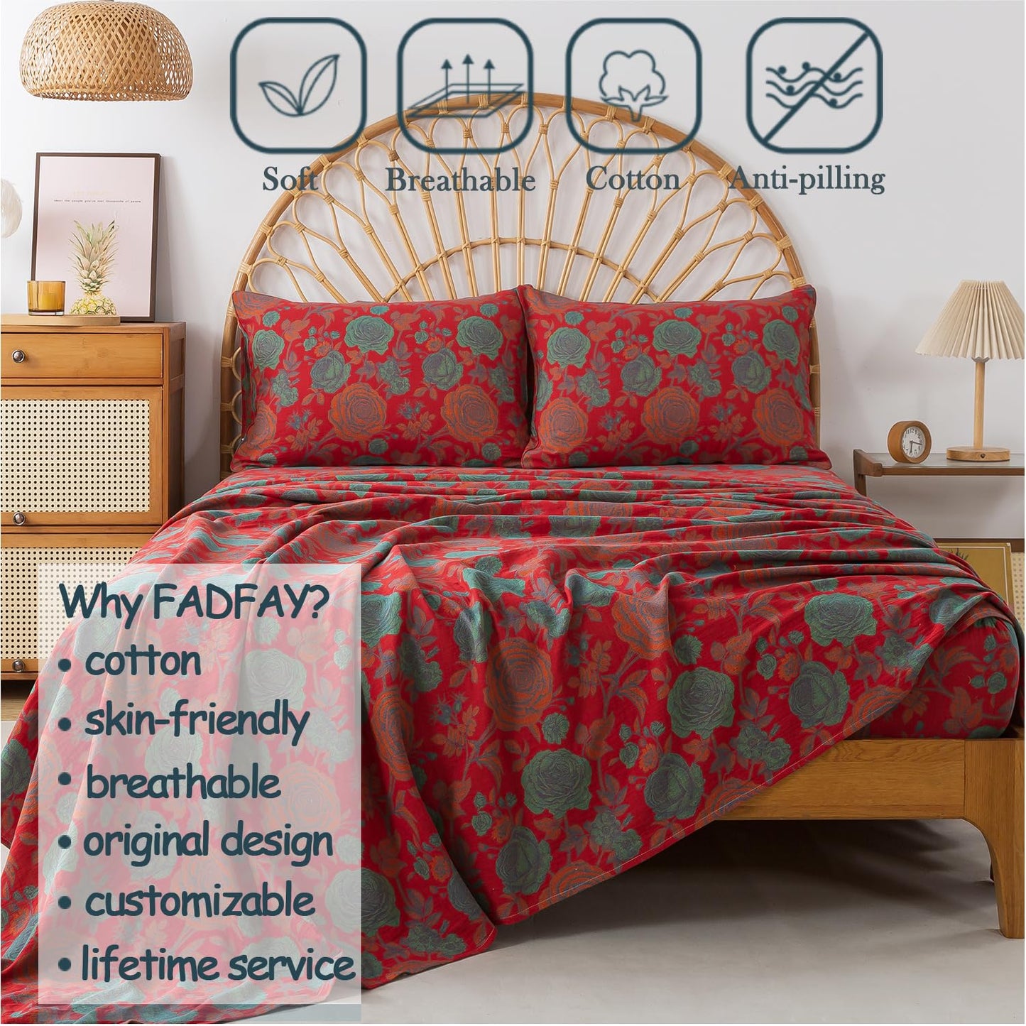 FADFAY Double Gauze 100% Cotton Queen Sheets Set Floral Bed Sheets Deep Pocket Fitted Sheet, Luxury Rose Pattern Shabby Vintage Countryside Style Bedding 4Pcs