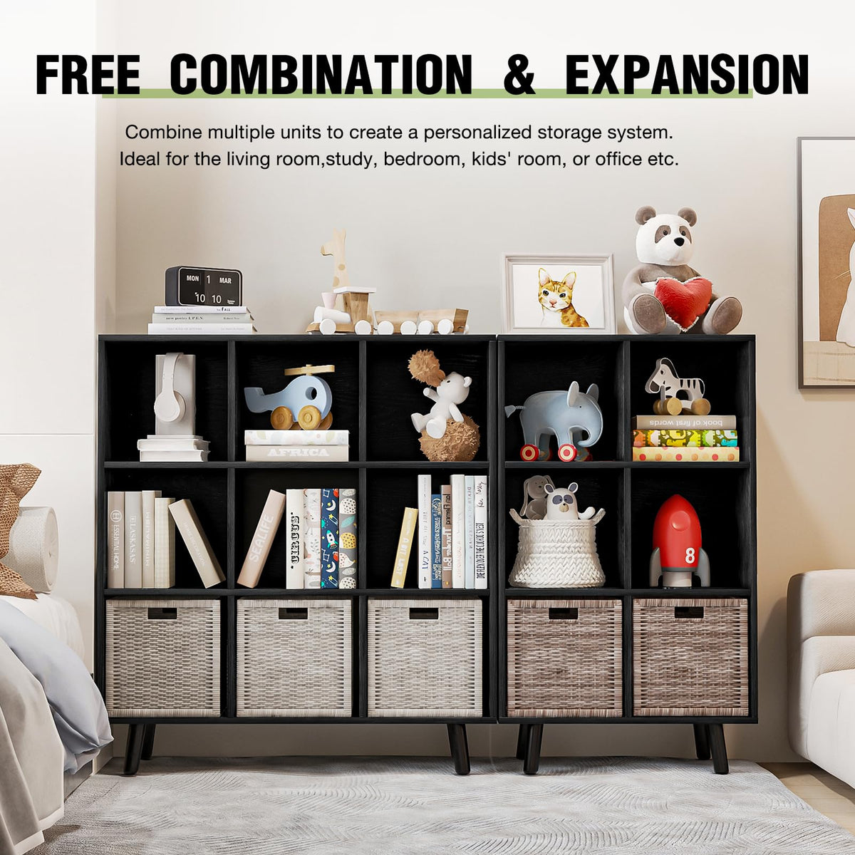 ELYUP 6-Cube Open Shelf Bookcase - 3-Tier Wooden Floor-Standing Bookshelf with Legs and Backpanel, Ideal for 11-inch Fabric Storage Bins and Miscellaneous Organizer, Black