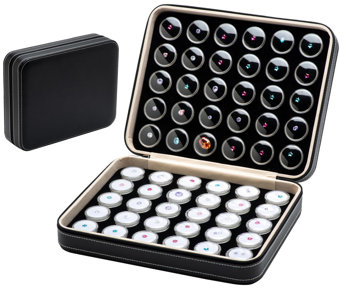Giftop 60 PCS Gemstone Display Collection Storage Box with Clear Lid for Gems Diamond and PU Leather Black Bag Holder Container (Black-60pcs)