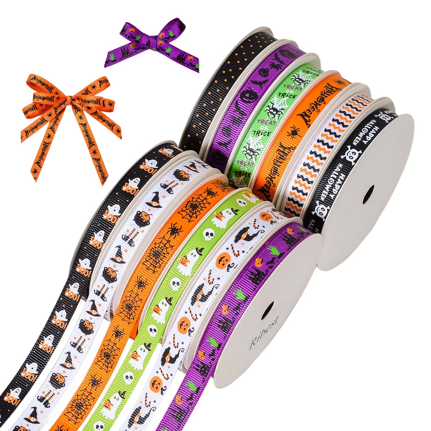 Ribest Halloween Ribbon Grosgrain 3/8 Inch Thin Ribbons for Crafts Gift Wrapping Decor 12 Rolls Total 60 Yards