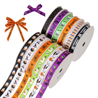 Ribest Halloween Ribbon Grosgrain 3/8 Inch Thin Ribbons for Crafts Gift Wrapping Decor 12 Rolls Total 60 Yards