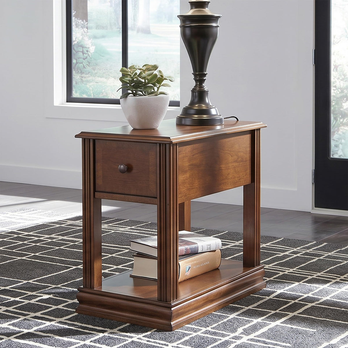 Signature Design by Ashley Breegin Chair Side End Table, 1 Drawer, 1 Fixed Shelf, Veneers, Wood, 13.13" W x 22.13" D x 23" H, Brown