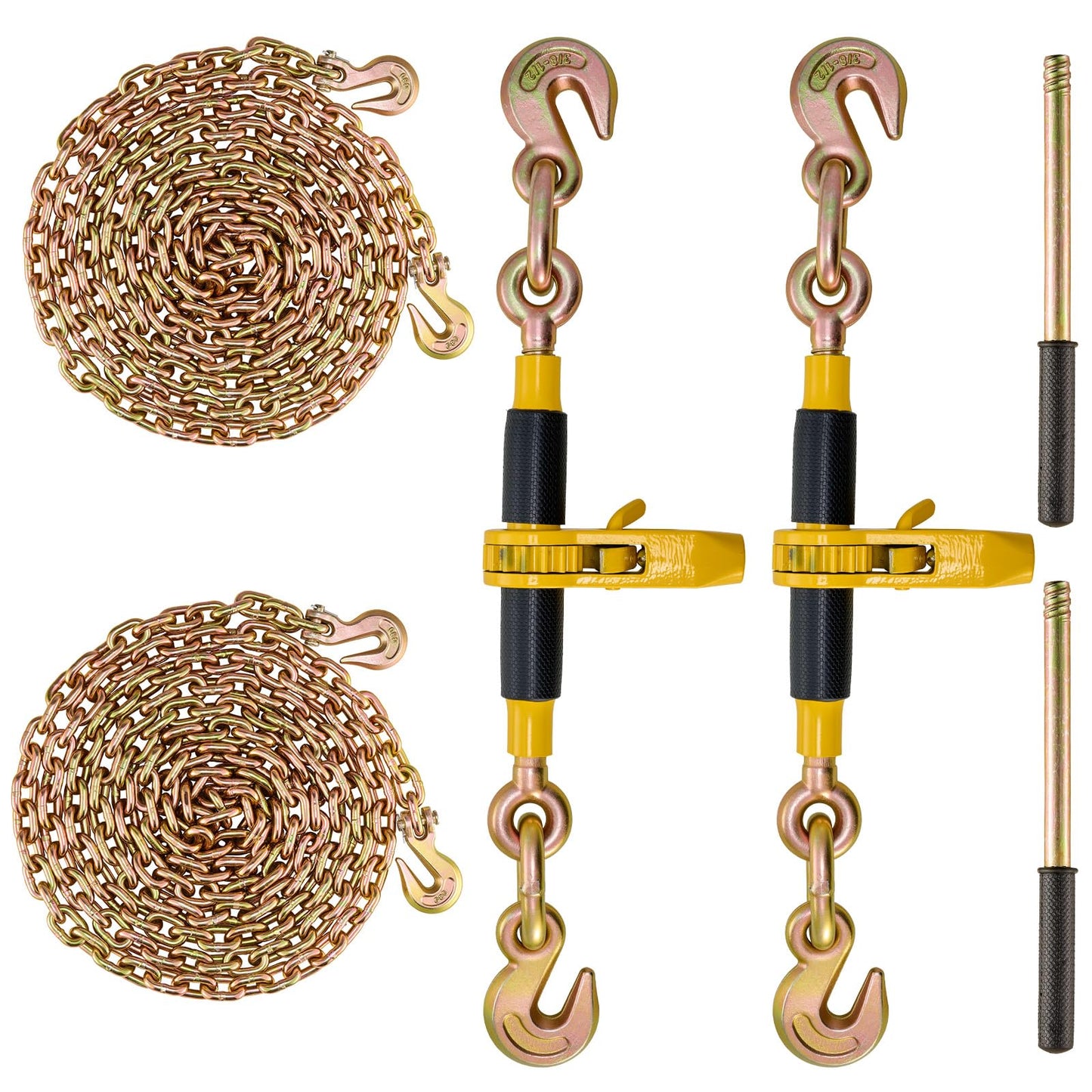 VEVOR 3/8"-1/2" Ratchet Chain Binder with Chain, G80 12000 lbs Secure Limit, Heavy Duty Load, Labor-Saving Anti-Skid Handle, Tie Down Hauling Chain Binders for Flatbed Truck Trailer, 2 Set & Yellow