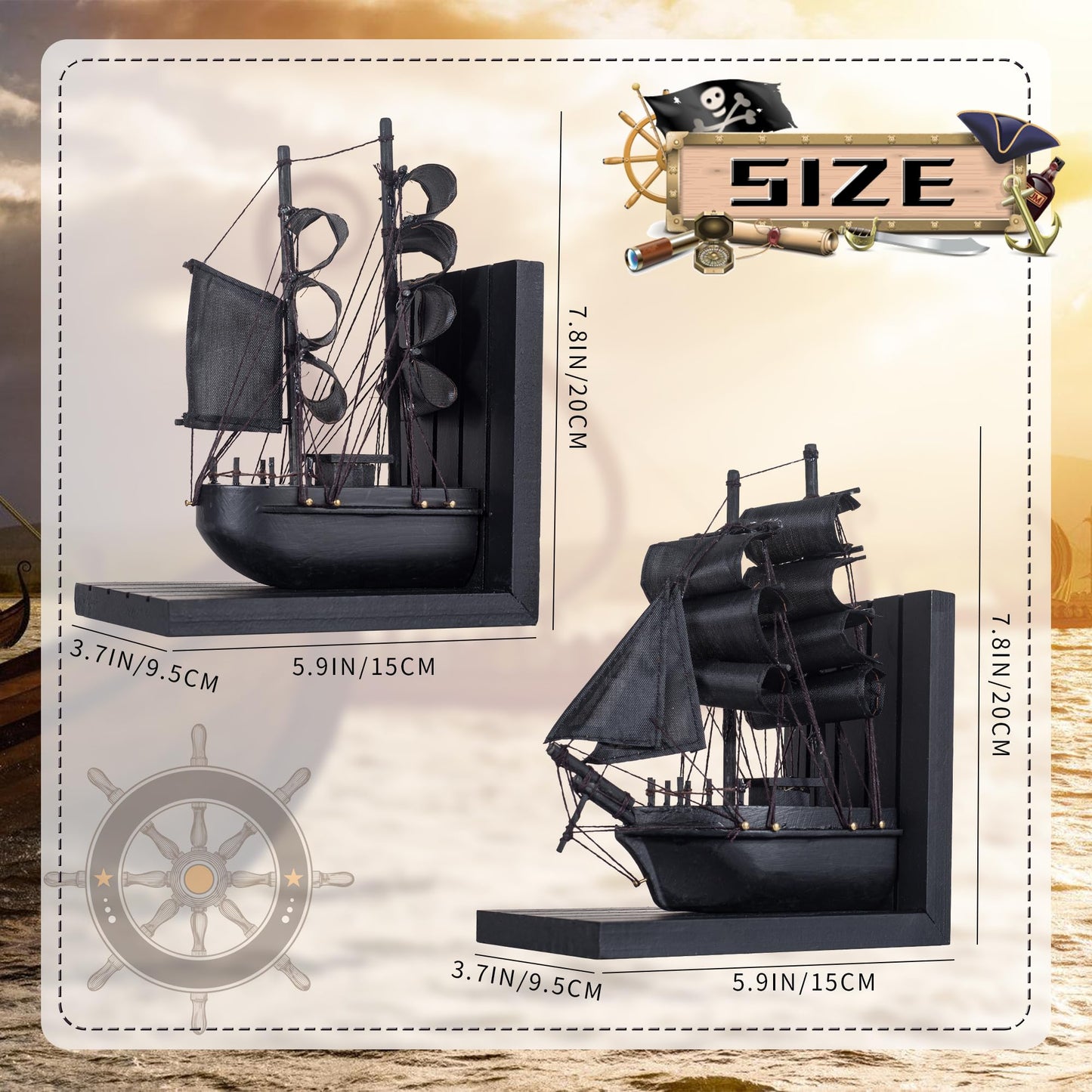 NAUTIMALL Wooden Ship bookends The Black Pearl Pirate 10" Prebuilt Caribbean Coastal Sailboat Decor Nautical Gift for Enthusiasts