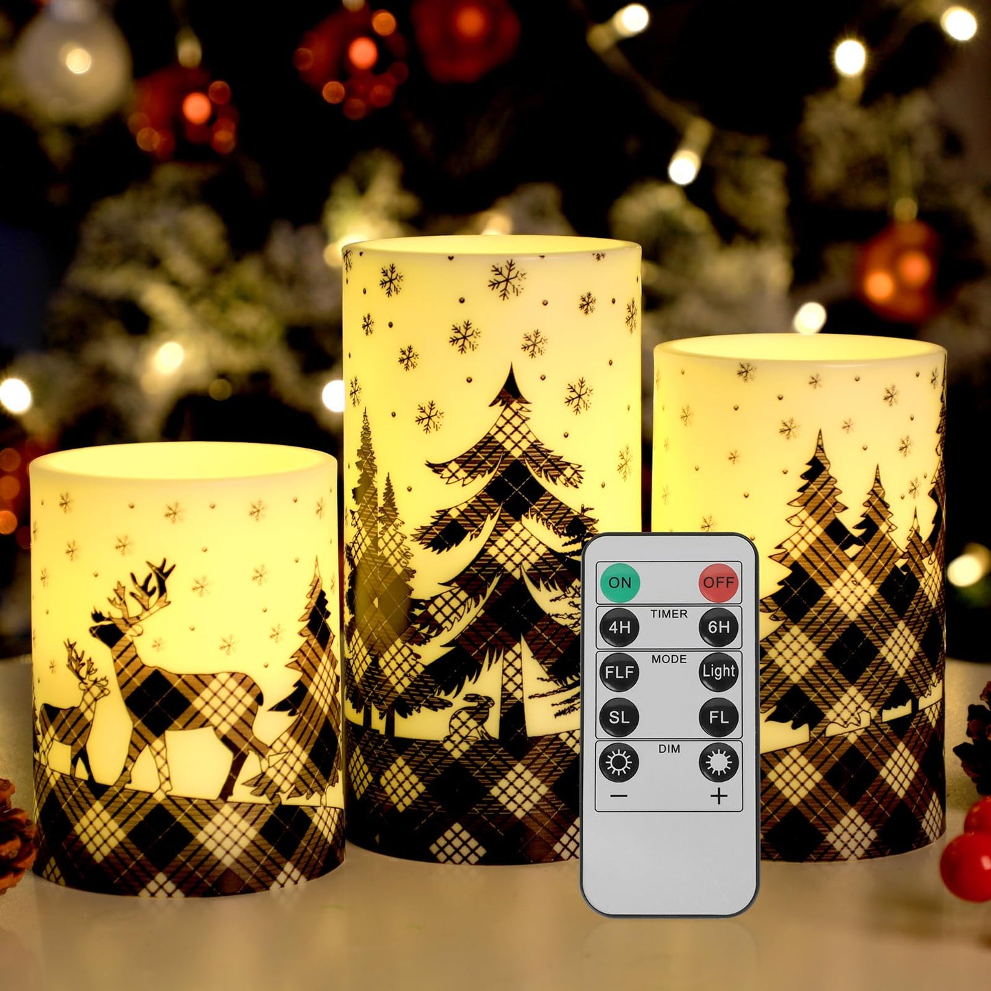Lonfliness Black Buffalo Plaid Flameless Pillar Candles 3Pcs Christmas Flickering LED Pillar Battery Operated Candle with Remote Control Reindeer Candle Table Centerpiece for Winter Holiday Home Decor