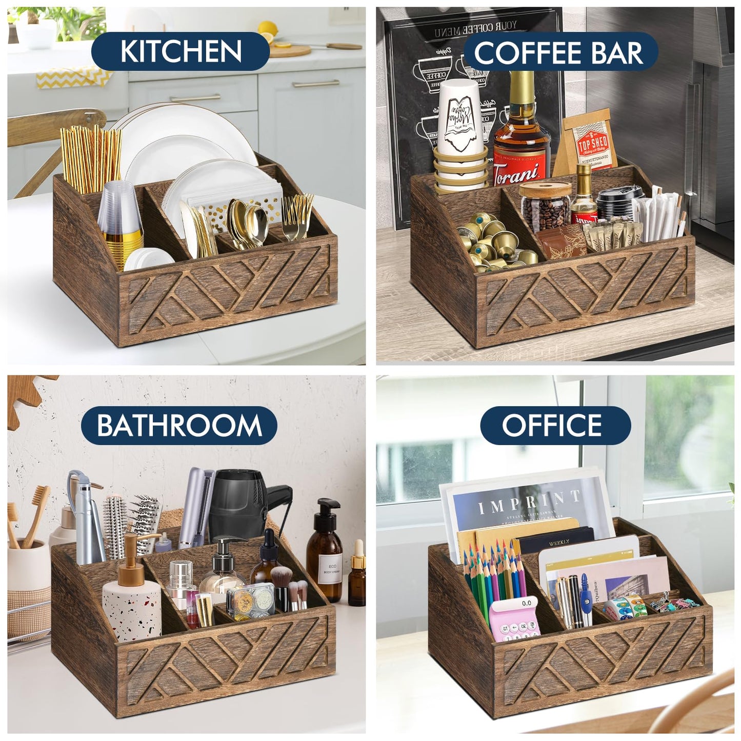 Ukonvi Paper Plate Dispenser, Paper Plate Holder for Kitchen Counter, Wood Rustic Silverware Utensil Caddy, Cutlery Flatware Organizer Box for Cups Spoons Forks Plates Napkins, Kitchen Accessories