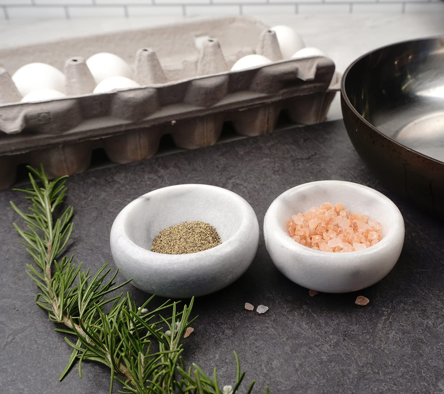 RSVP International Herb & Salt Containers for Countertop Polished Marble Dish/Bowl, 2.75" Diameter x 1.5", Natural White