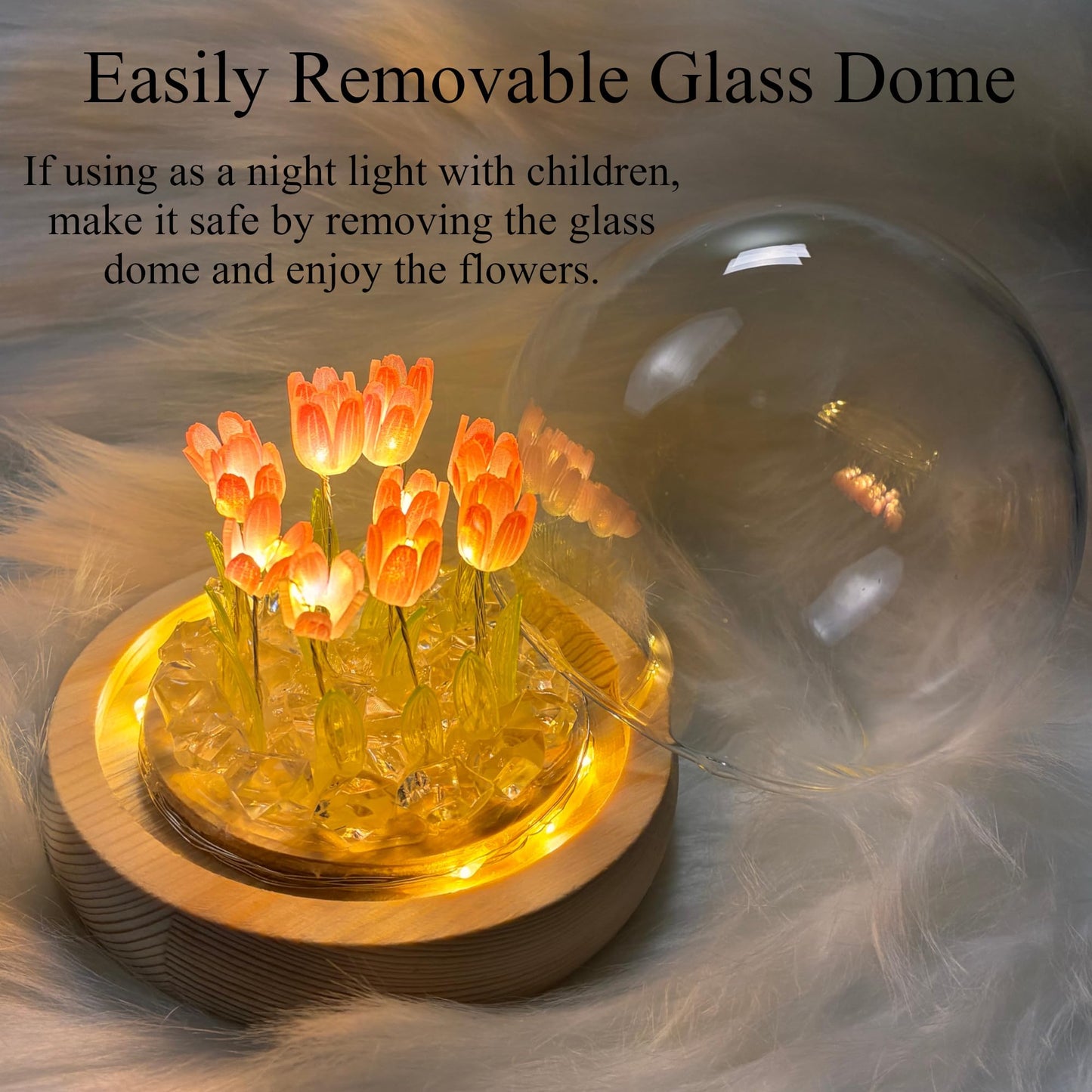 ALYMACK Tulip Lamp Glass Globe - Illuminated Flower Lamp with Glowing Blooms on Wooden Base - Battery-Powered Decorative Night Light for Bedroom, Living Room & Home Decor