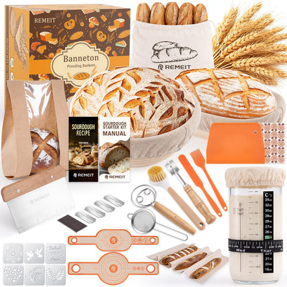 REMEIT Sourdough Starter Kit with Banneton Bread Proofing Basket Set, 9" Round & 10" Oval Proofing Basket, Sourdough Bread Baking Supplies with Starter Jar, Bread Lame, Dough Whisk and Baking Tools
