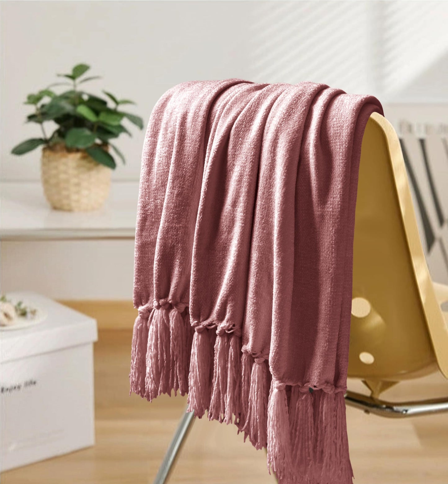 LONG CREATE Chenille Throw Blanket for Couch 50"X 60", Soft Cozy Throws with Fringe Tassel for Bed Sofa Chair Cover, Lightweight Knitted Decorative Boho Blankets for Living Room, Mauve