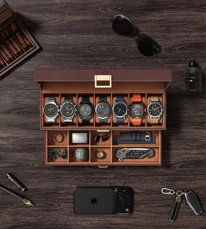 sensok Watch Case Box for Men - 7 SLots Watches Storage Organizer Real-Glass Display Case with Jewelry Drawer 2-Layer PU Leather Collection Holder Gift for Loved Ones Brown
