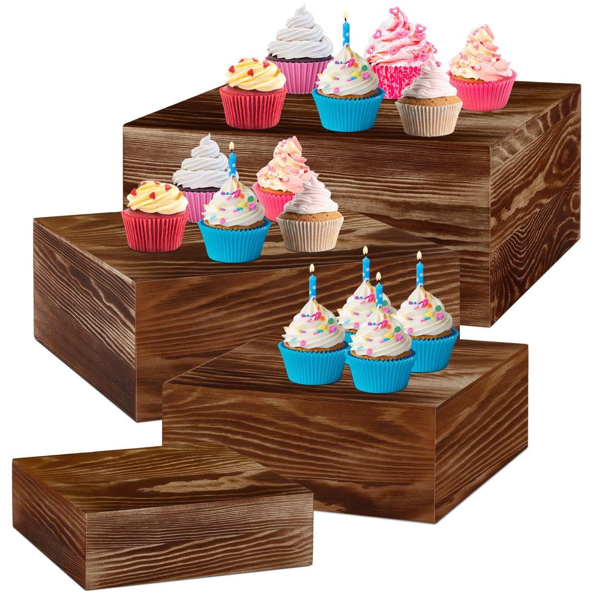 Roowest Set of 4 Large Wood Display Risers Size 11.8",10",7.8",6.3",Rustic Cupcake Stand Wood Cake Stands Wooden Display Risers for Table Dessert Wedding(Black Brown)