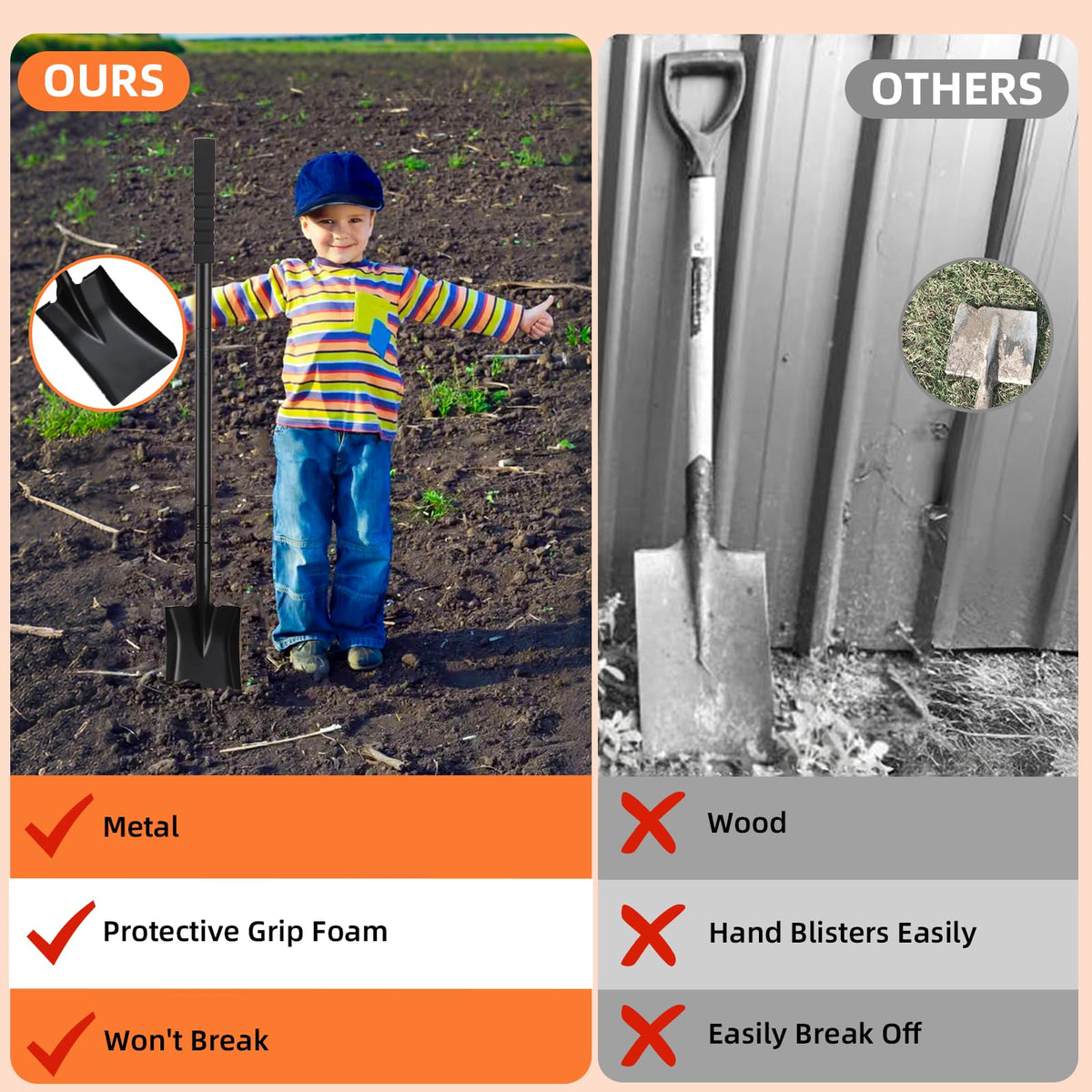 Small Square Shovel 43.3Inches Heavy Duty Garden Tools with Metal Handle, Small Transfer Spade for Digging Camping Car Beach Shovel, Black