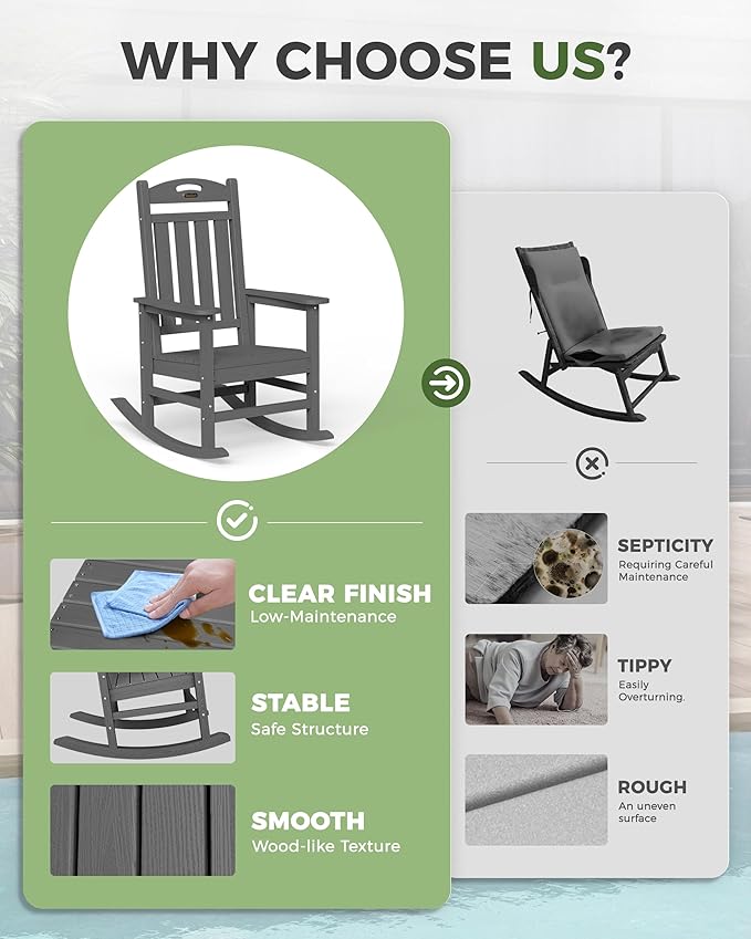 Oversized Outdoor Rocking Chairs Set of 4, High Back Porch Rocker Chair, HDPE All Weather Resistant Rocking Chairs for Patio, 380lbs Weight Capacity, Dark Grey