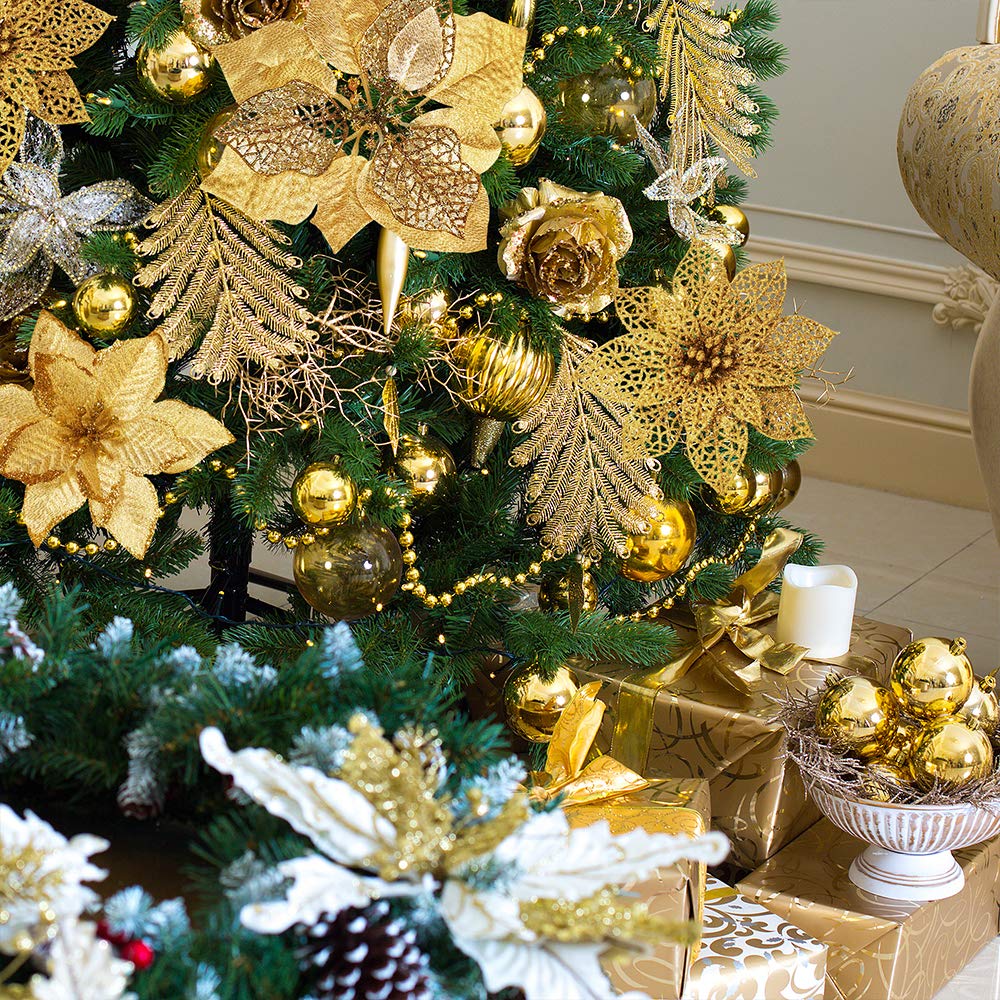 Winlyn 26 Set 3 Style Christmas Gold Glitter Poinsettia Flowers Picks Xmas Tree Ornaments and 20 Yards Decorative Gold Glittered Wired Ribbon for Christmas Tree Wreaths Garland Holiday Décor