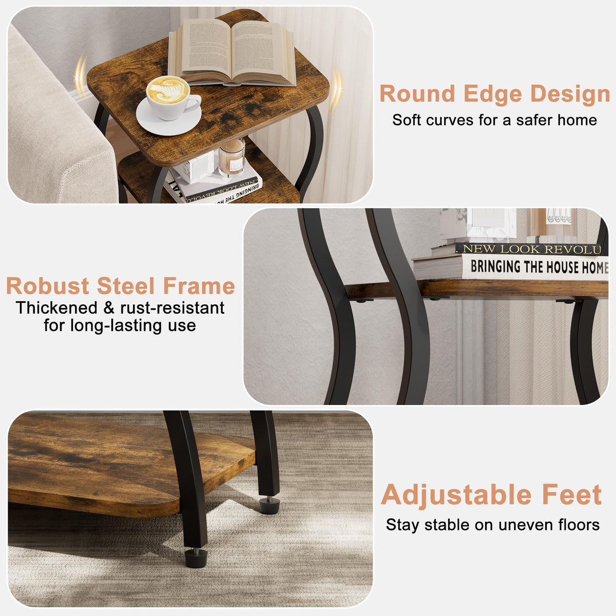 JUSTOGO Side Table, Small End Table for Small Spaces, 3-Tier Tall Nightstand Sofa Corner Accent Table Coffee Table with Storage Shelf for Living Room, Bedroom, Patio, Home Decor, Rustic Brown