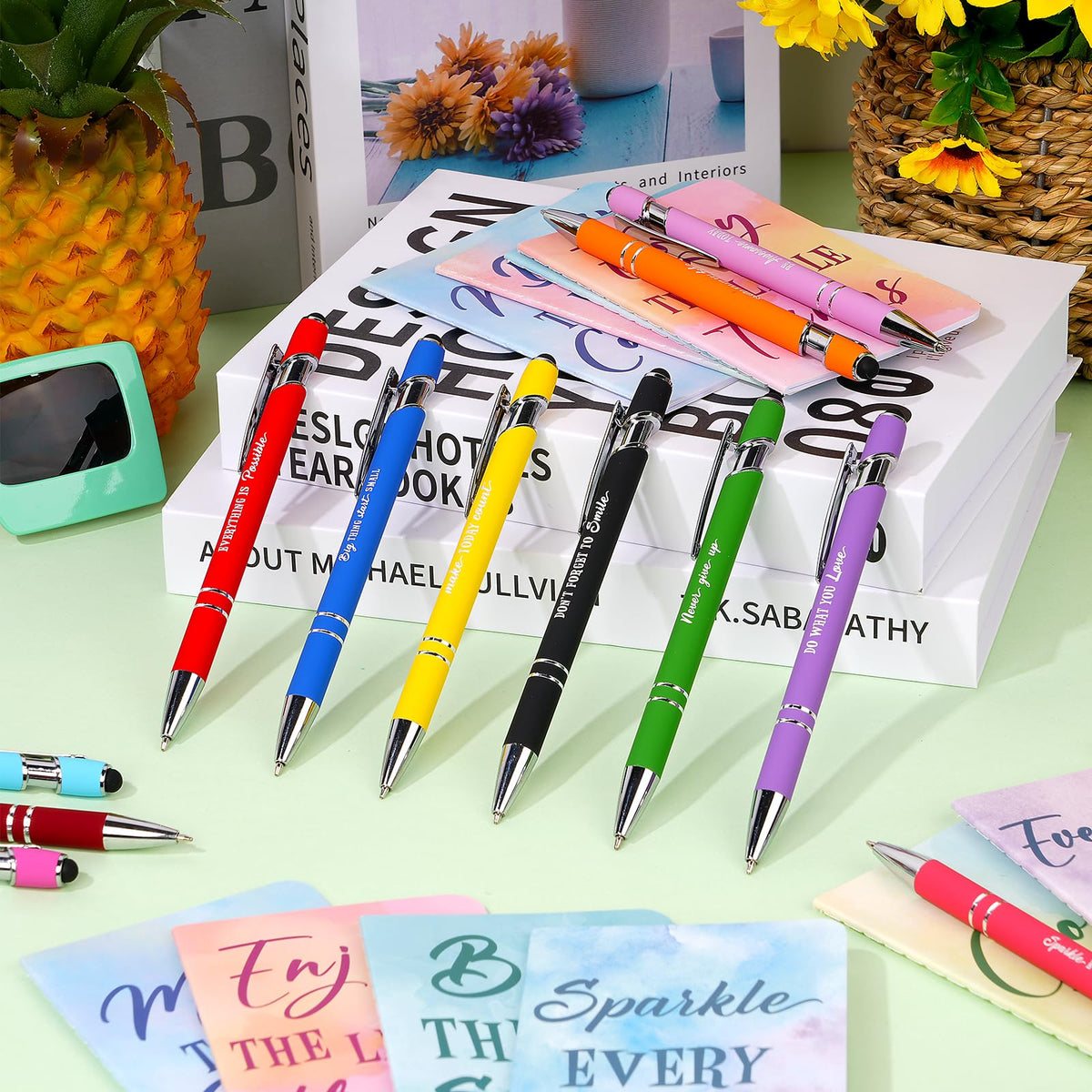 96 Pcs Watercolor Bulk Motivational Pens Inspirational Notepads Set, Pocket Motivational Quote Notebooks Ballpoint Pens, Mini Journals Gift Set for Kids Students Teachers School Office Prizes Supplies