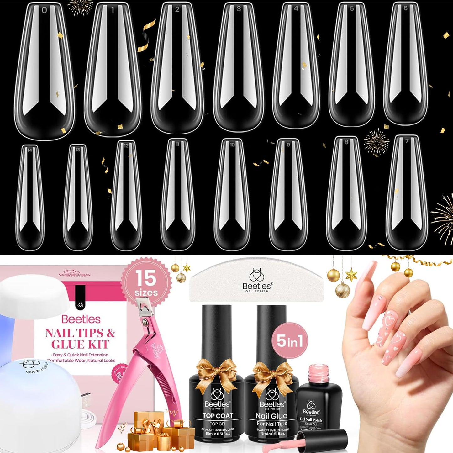 Beetles Gel Nail Extension Kit Almond Shape, Easy 9 in 1 Glue Uv Led Set Etch X Nail Tips Short Almond Half Matte Tips, Gift for Women & Girls, 504 pcs