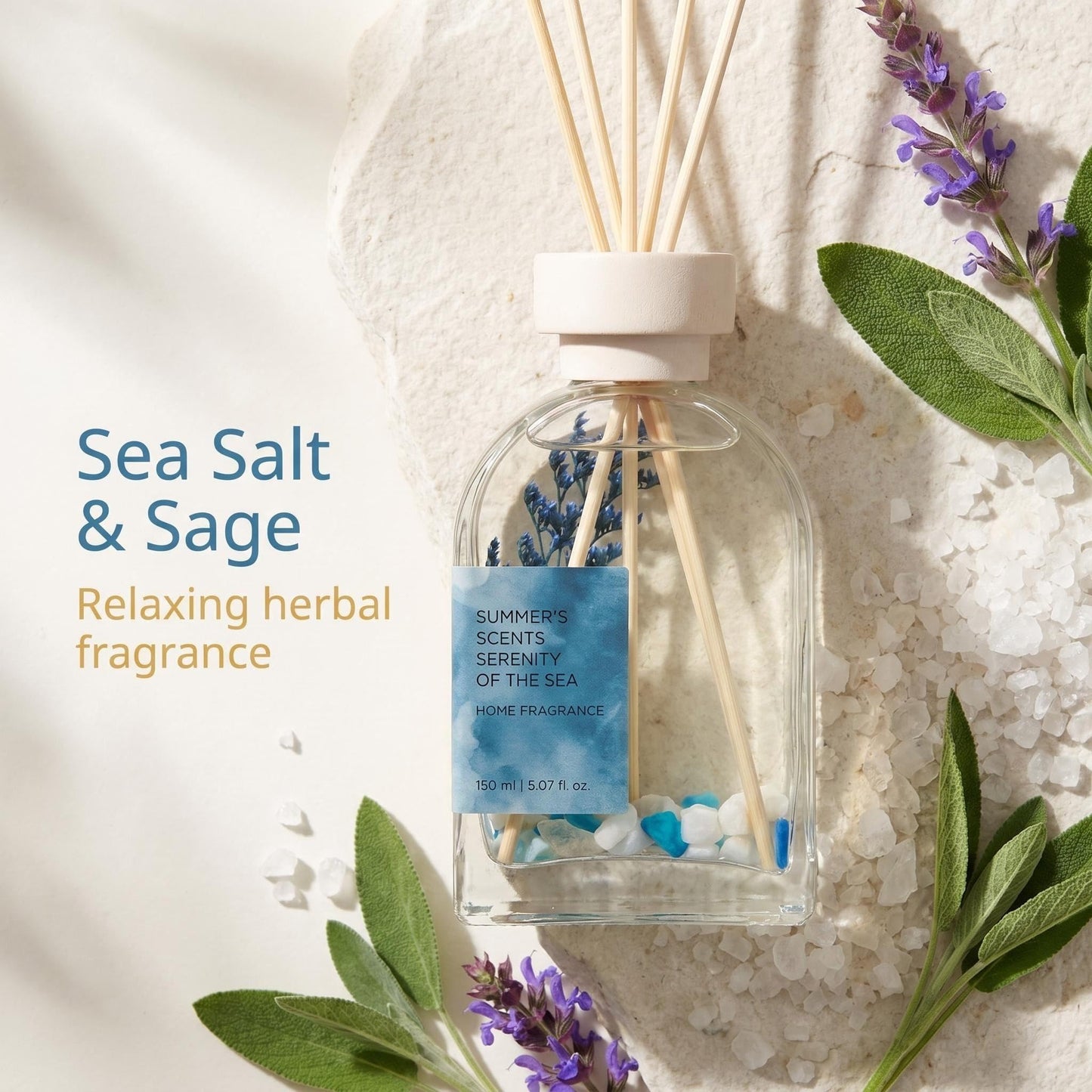 Sea Salt & Sage Reed Diffuser Set, Home Fragrance with Natural Reed Sticks, 5.07 oz, ktyixu, Long-Lasting Aromatherapy Air Freshener for Bathroom, Living Room, Office, Home Decor & Gifting
