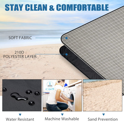 Picnic Outdoor Blankets Waterproof Extra Large - Beach Mat Sand Free Foldable with Carry Strap | Portable Camping Blanket | Park Blanket for Grass Park, Hiking, Travel, Concerts, Indoor (Grey Check)