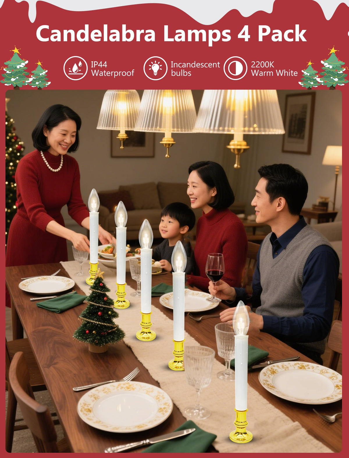 4 Pack Christmas Battery Operated Window Candles with Timer (6-18H), Wireless Window Candle Light with Gold Candlestick Base, C26 LED Bulb Candle Lamp for Home Party Valentines Decor, 4 Suction Cups