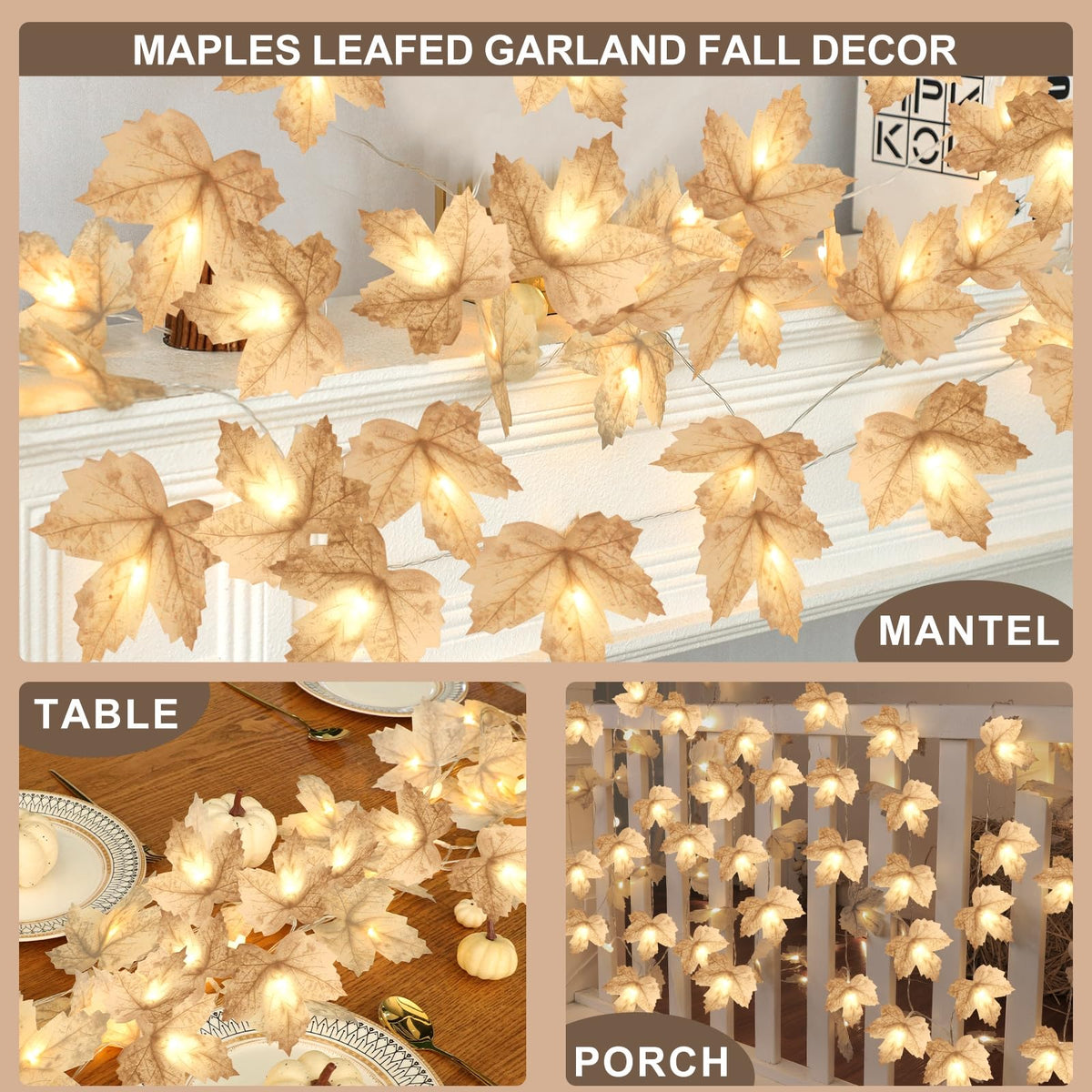 3 Pack Fall Decor - Fall Garland with Lights Fall Decorations for Home, Total 20Ft 60LED Thick Lighted Maples Leafed Autumn Garland Wedding Harvest Fireplace Party Christmas Thanksgiving Decorations