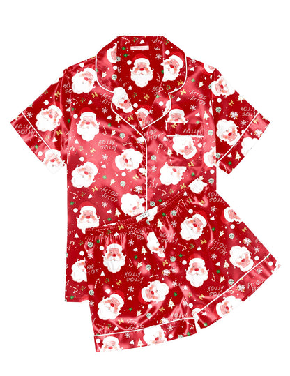 Ekouaer Womens Silk Satin Pajama Sets Soft Short Sleeve Button Down Sleepwear Top and Shorts 2 Piece Pjs Lounge Set,Christmas Red,XXL