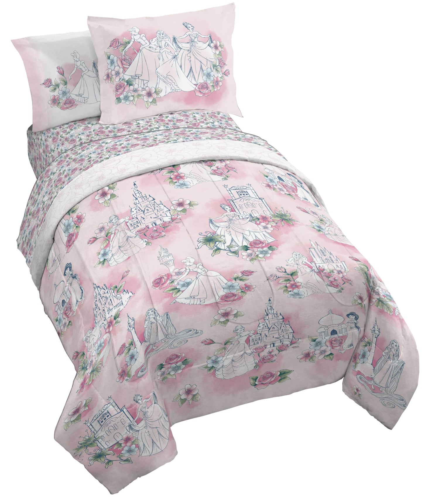 Jay Franco Kids Comforter Set Includes Sheets and Pillow Covers - Soft and Cozy Bed Set for Stylish Room Decor, Pink - Disney Princess, 5 Piece Twin Bedding