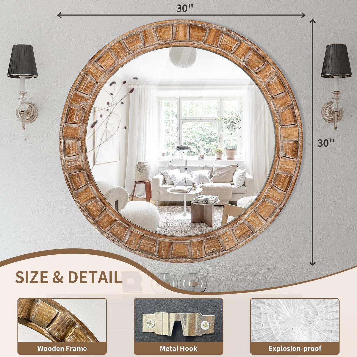 XGGJWW 30 Inch Brown Solid Wood Round Wall Mirrors, Decorative Circle Mirror for Bathroom, Bedroom, Living Room, Hallway, Foyer, Entryway