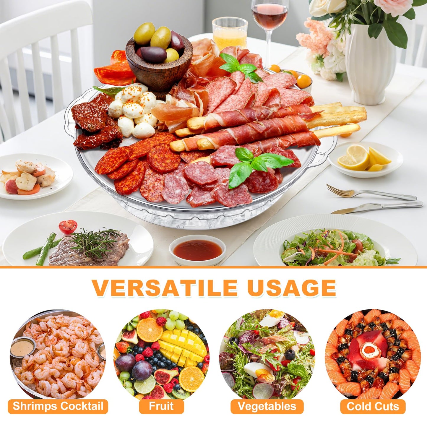 3-Pack 11.8" Chilled Serving Tray for Parties with Ice Underneath & 10 Forks – Cold Platter for Fruit, Veggies, Seafood, Shrimp Cocktail, Appetizers – Buffet, Picnic, Outdoor Party Keep food Cold Dish