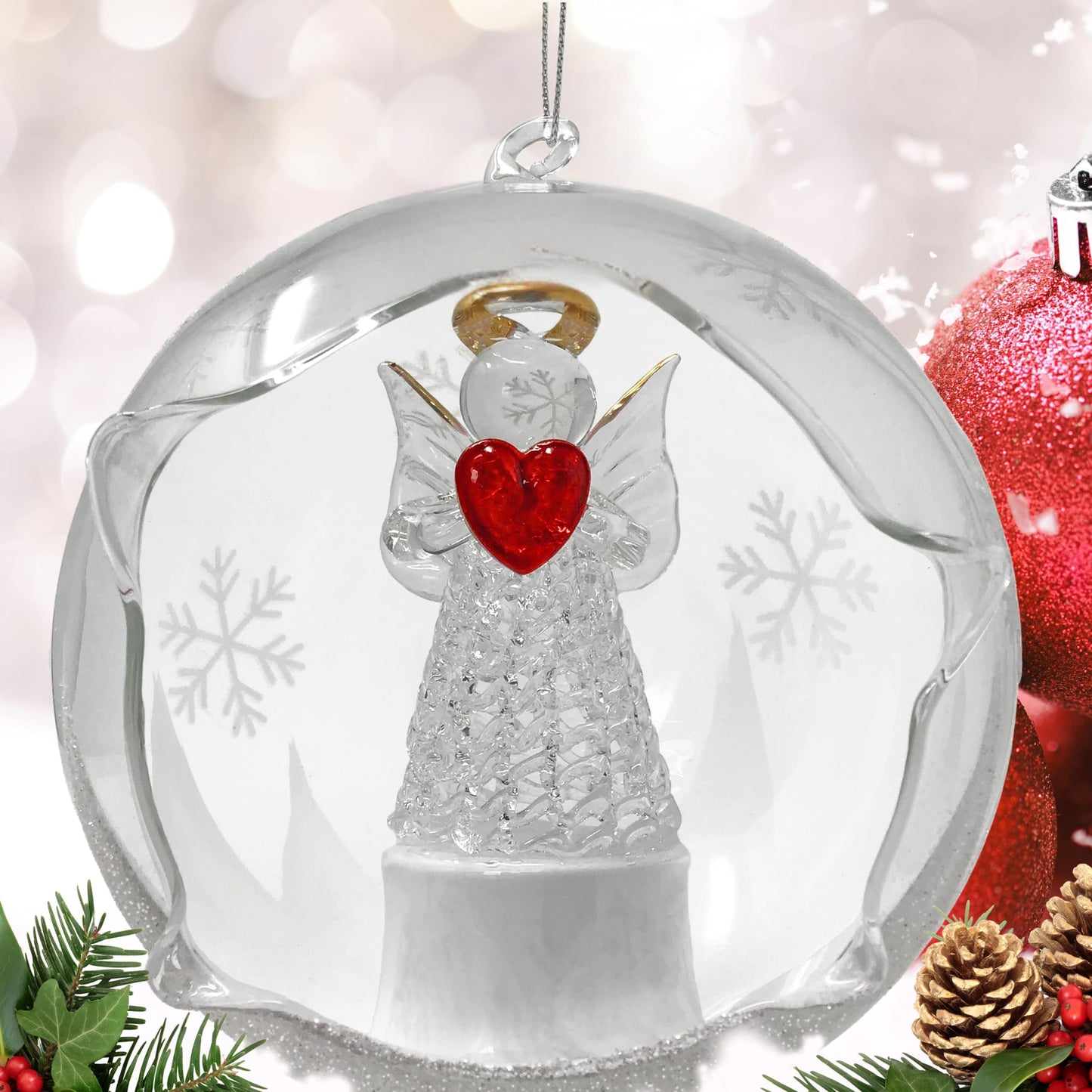 Angel with Red Heart Lighted Christmas Ball Ornaments - Hand Painted Glittery Snowflakes - Color Changing - 4 Hour Timer - 4" Diameter