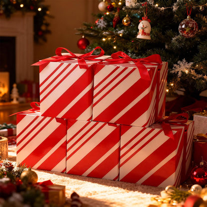 MotiMind 5 Pack Red and White Striped Christmas Gift Boxes with Lids 7x7x7 Square Gift Box with Ribbons for Wrapping Christmas Presents Wedding Bridesmaid Holiday Party Favor Boxes