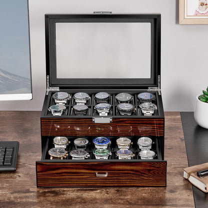 BEWISHOME High-End Watch Box, 20-Slot Watch Case with Large Glass Lid, Wooden Watch Cases for Men, Watch Storage, Watch Organizer, Synthetic Leather Interior, Brown SSH04Y