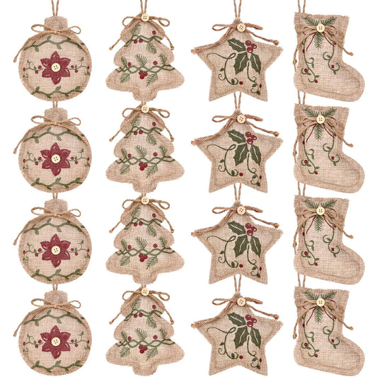 Jetec 12 Pieces Rustic Christmas Burlap Tree Ornaments Farmhouse Hanging Decorations Christmas Stocking Tree Ball Shaped Decor for Party