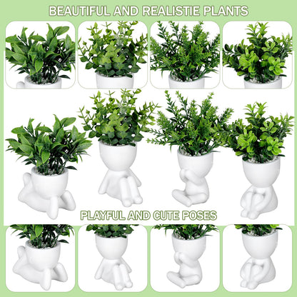 Tigeen 4 Packs Creative Fake Plants in Playful Human Shaped Pots Vase Cute Desk Decor Mini Artificial Greenery Positive Office Gifts Small Fake Plants for Desk Shelves Tabletop Modern Home Decoration