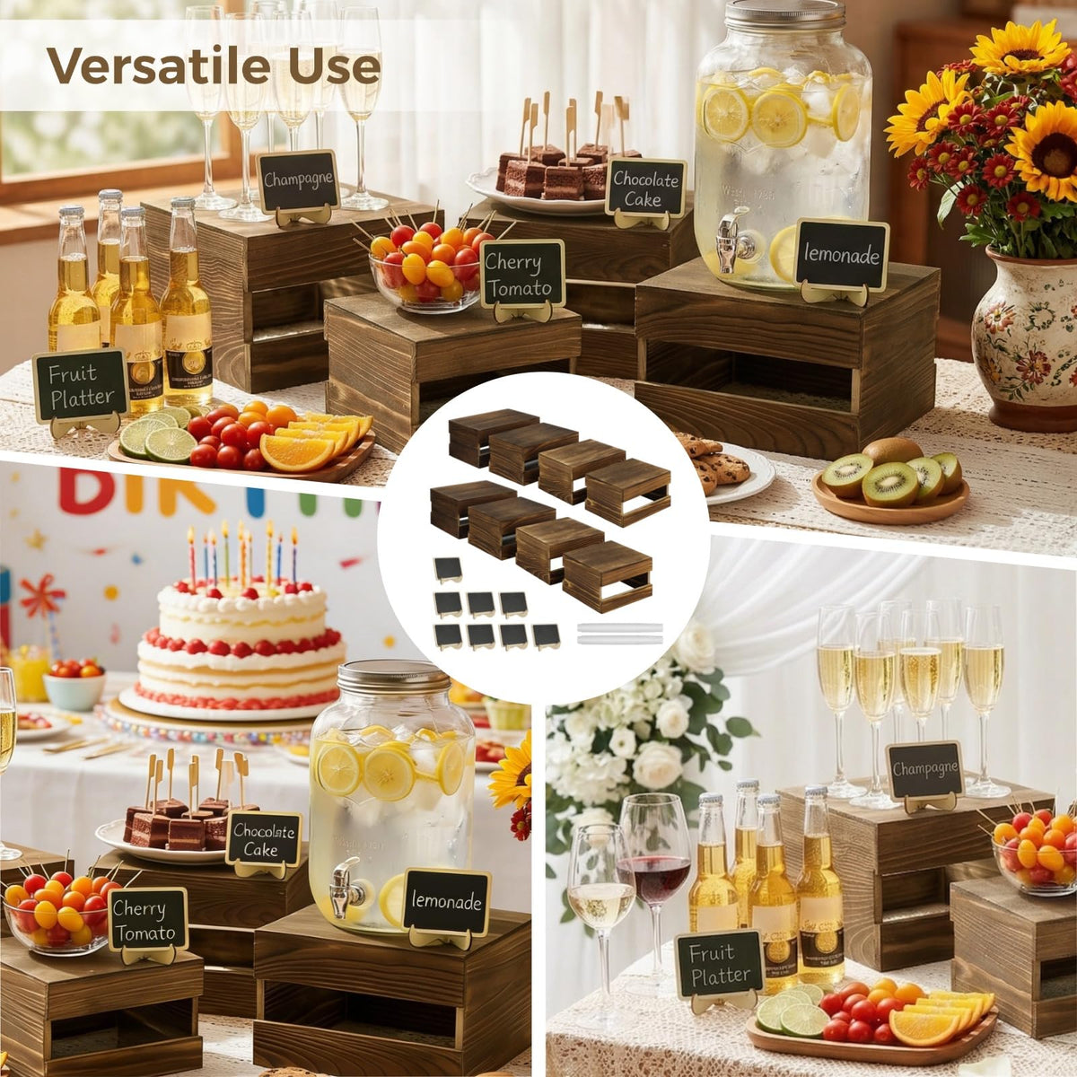 ZALIR 8 Pcs Rustic Wooden Risers for Table Display with 8 Mini Signs and 2 Pens - Tiered Dessert Display Stands, Rustic Cake Stand Buffet Risers for Party, Wedding, Birthday, Shower, 4 Sizes