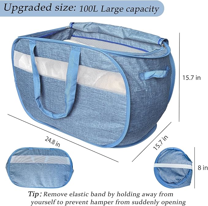 Upgraded 100L Extra Large Mesh Pop Up Laundry Hamper