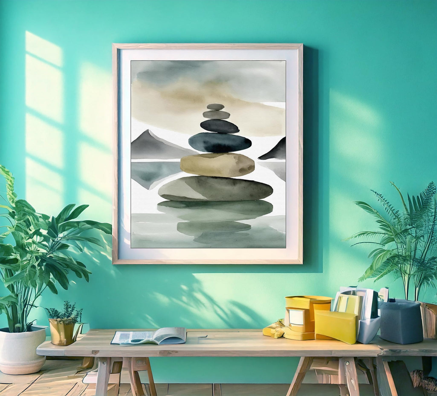 Watercolor Balancing Stones Stacked Illustration Art Print for Yoga Studio Serenity Display, Mint Green Meditation Room Harmony Accent, Beach House Home Office Bedroom Living Area Nursery Dorm Wall Art, Young Yogi Meditator Wellness Enthusiast Teacher Gif