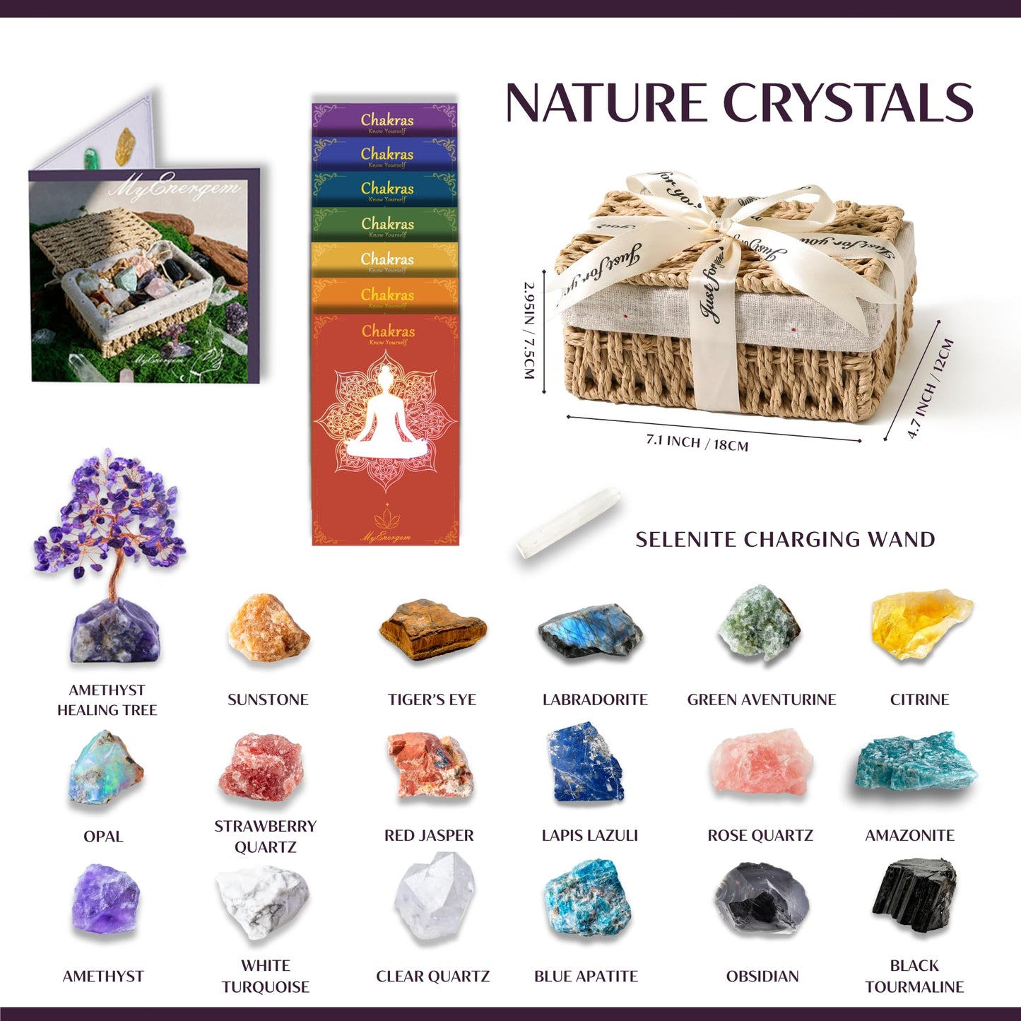 MYDAYS&DESIGN 18Pcs Crystals and Healing Stones Set in Rattan Box, 17 Premium Raw Chakra Stones, 1 Amethyst Tree, Guide for Beginners, Meditation Yoga Home Decor, Healing Crystal Gifts for Women