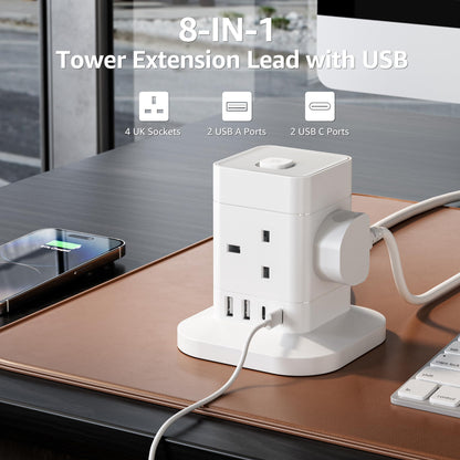 Cube Extension Lead with USB Slots, Hotimy 4 Way Multi Plug Extension Socket with 2 USB C and 2 USB A, 13A 3250W Power Strip with Switch 1.5M Extension Cords for Desk Home Office Travel