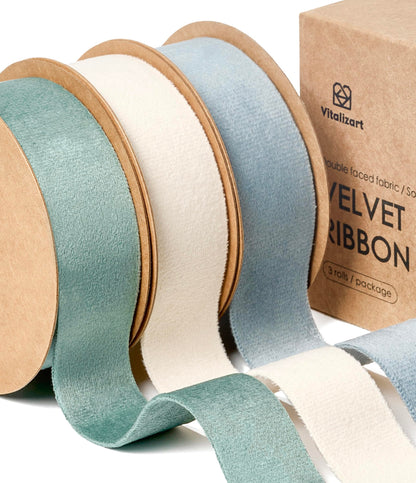 Vitalizart Velvet Ribbon Set 1 Inch Double Faced for Christmas Ornaments Gift Wrapping 15 Yards Wreath Decoration Bows Making Crafts Dusty Blue Green & Ivory