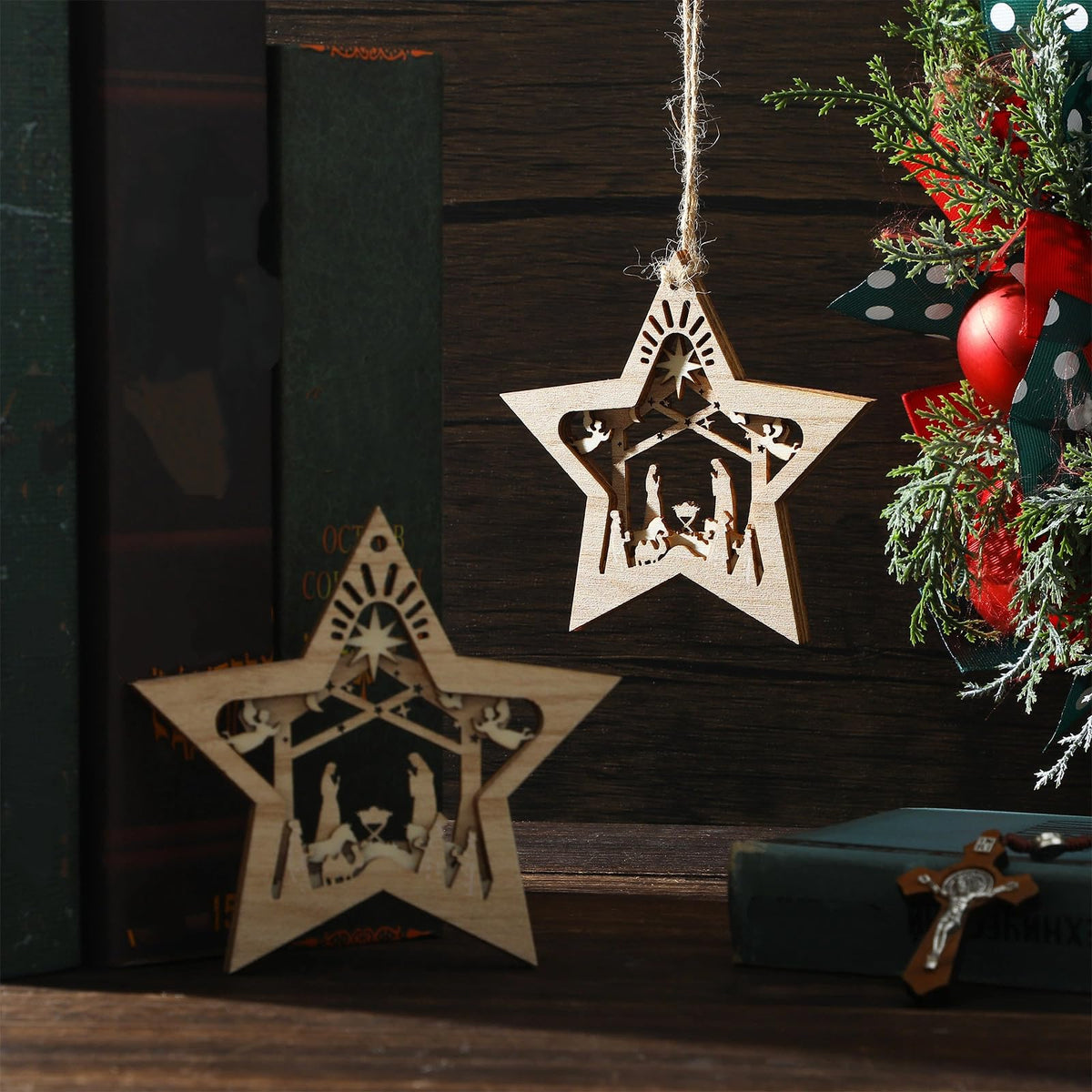 Blulu 24 Pieces Christmas Nativity Scene Ornaments Gift Set Bulk 3D Christian Wooden Hanging Ornament Xmas Tree Nativity Ornament The Birth of Jesus Story Religious Gift for Family (Star Shaped)