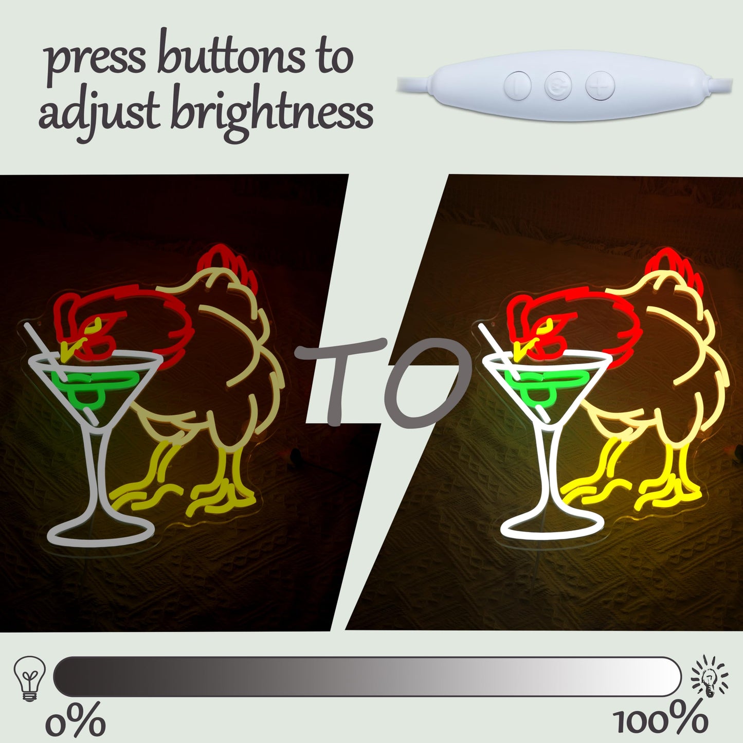 Chicken Cocktail Neon Sign Dimmable Martini Chicken Neon Light LED Rooster Animal Light Sign for Wall Decor Kitchen Bar Club Party