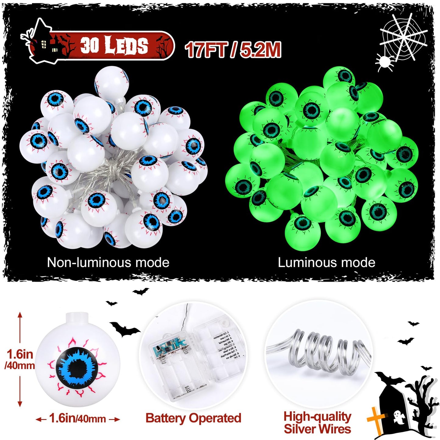 Halloween Decorations 30LED 17Ft Eyeball Halloween String Lights With Timer Remote Battery Operated 8 Modes Halloween Lights Halloween Indoor Outdoor Decorations For Home Garden Yard Halloween Décor