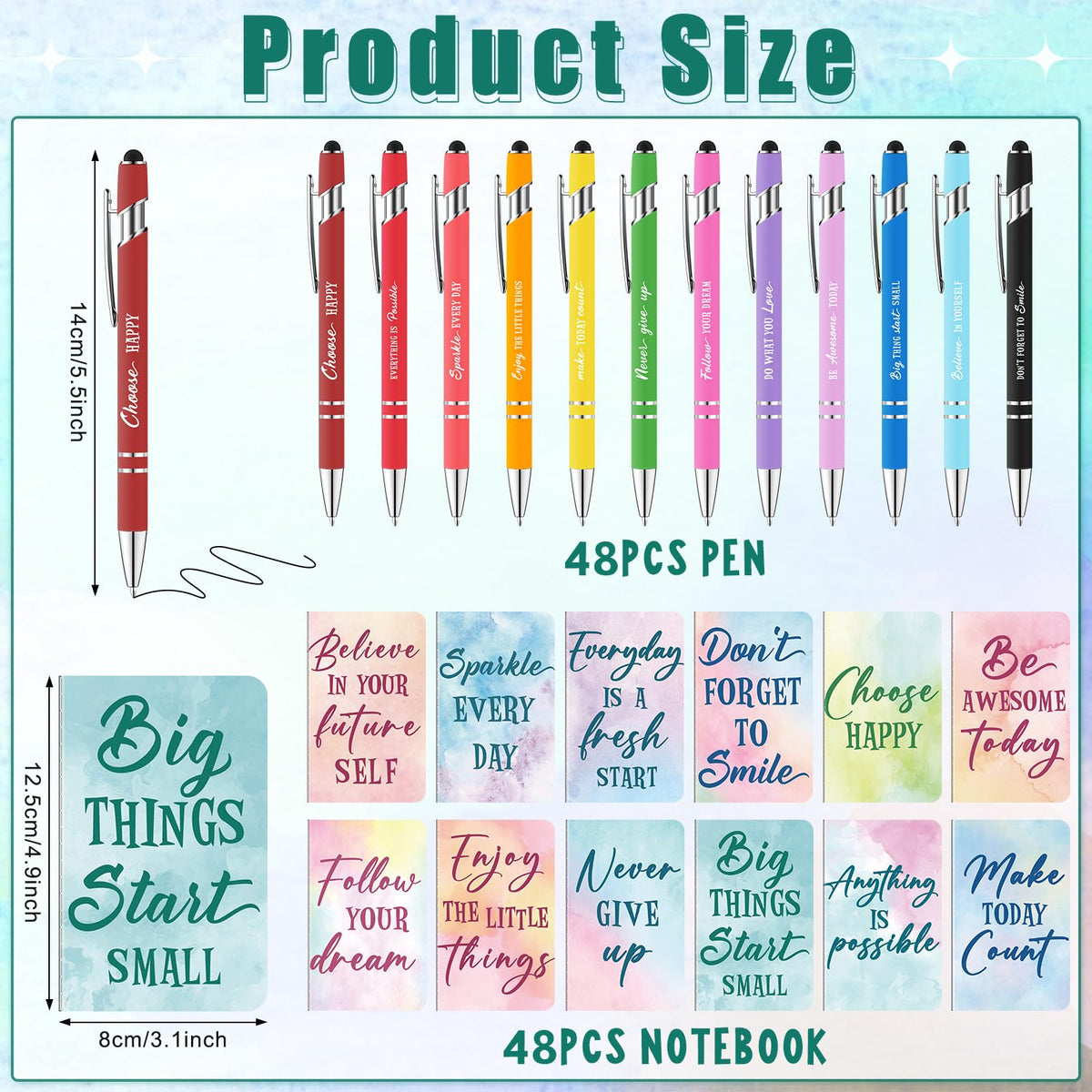 96 Pcs Watercolor Bulk Motivational Pens Inspirational Notepads Set, Pocket Motivational Quote Notebooks Ballpoint Pens, Mini Journals Gift Set for Kids Students Teachers School Office Prizes Supplies