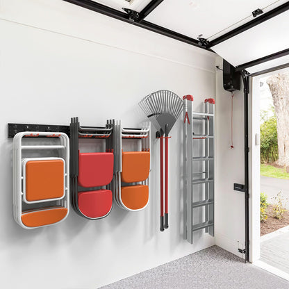 Wallmaster Wall Mount Garage Organizer Tool Storage Rack, Heavy Duty Folding Chair Hangers with 8 Adjustable Hooks, 48-inch Tracks, Max Load 300lbs