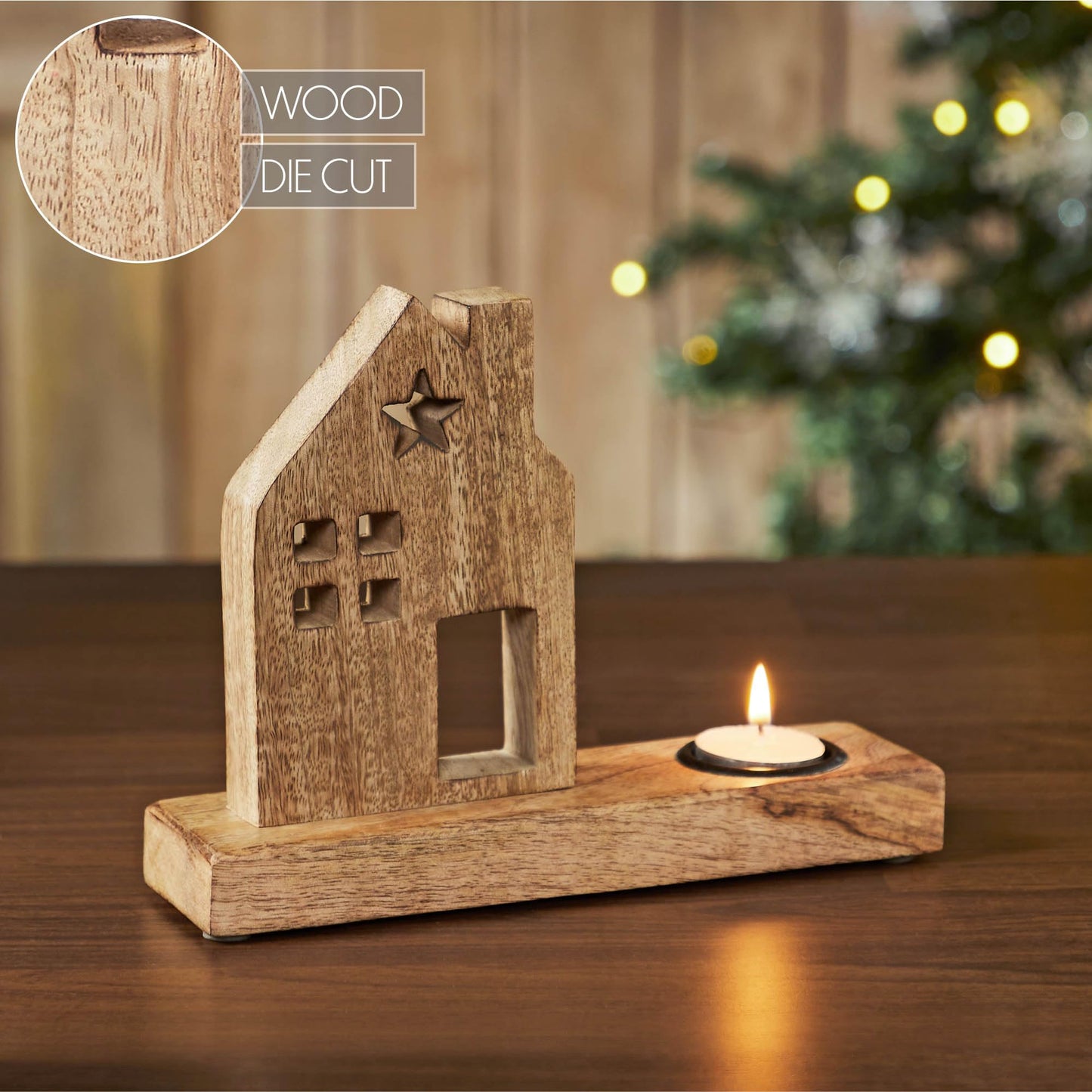 Tealight Holder Wooden Saltbox House w/Star Natural 9x6.75x2.5